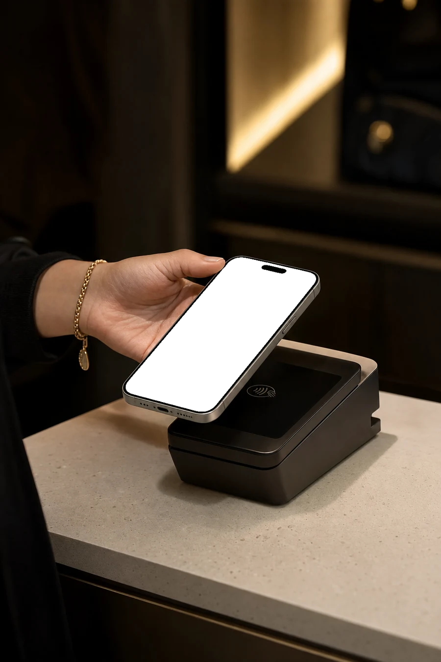 A hand holding an iPhone over a card reader in a boutique, the Apple Pay screen showing a restyled card